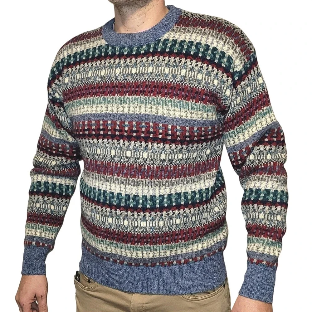 Vintage Amana Mens Blue Fair Isle Academia Teacher 100% Wool Crewneck Sweater  M